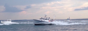 A commercial lobster boat competes in the annual lobster boat races.